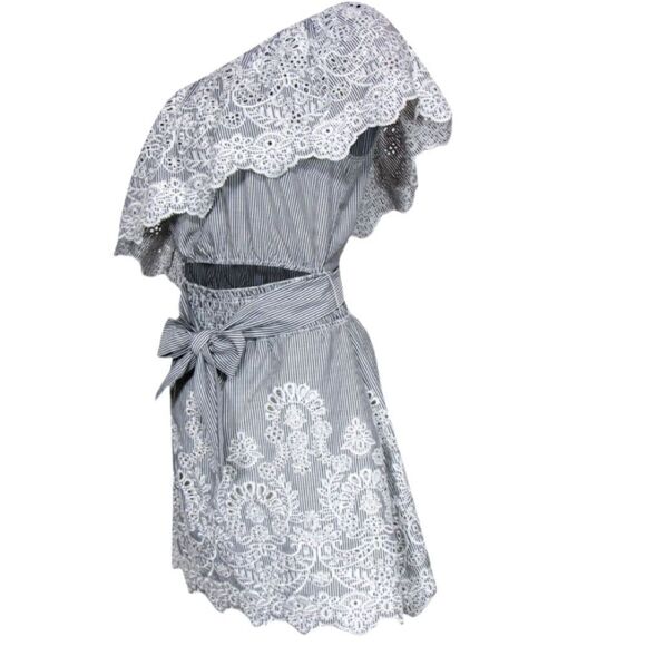 Saylor Grey & White Pinstripe One Shoulder Mini Dress Size Small - Picture 14 of 14